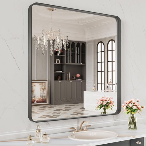 LOAAO Black Metal Framed Bathroom Mirror - 32x32 Inch Matte Black Vanity Mirror | Anti-Rust, Versatile Hanging Options