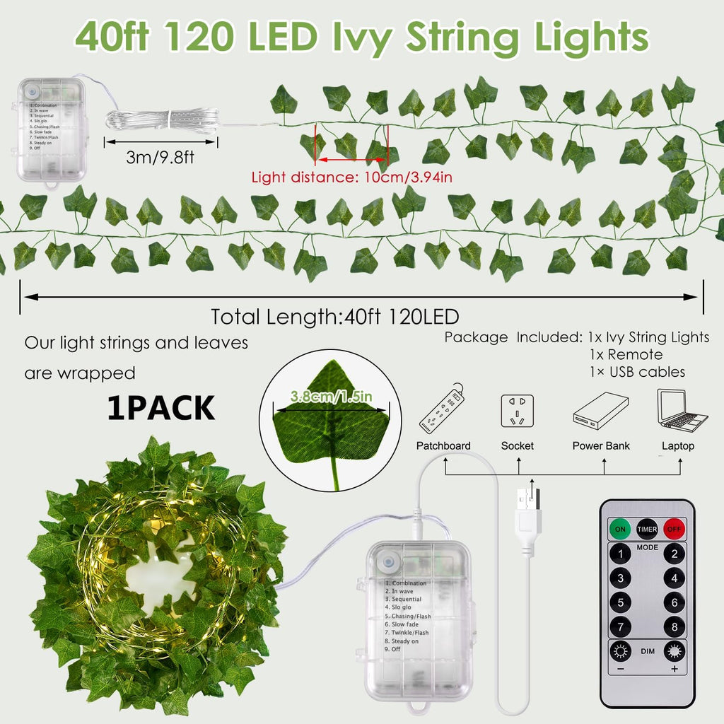 Skiennix 40ft LED Vine Fairy Lights - Battery Operated, 8 Modes & Timer, Green Leaf Decor for Indoor & Outdoor Events (Warm White)