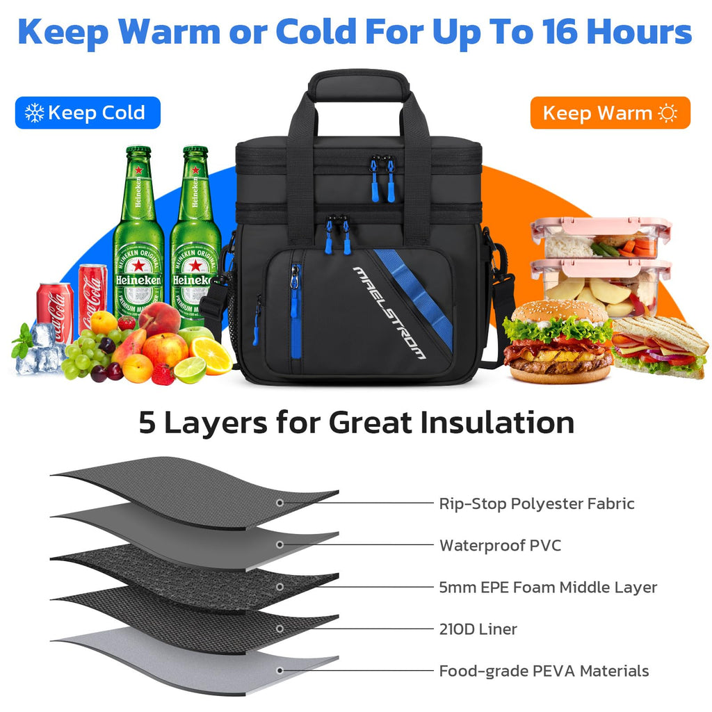 Maelstrom Lunch Box, 20L Insulated Lunch Bag for Men Women, Expandable Double Deck Leakproof Cooler Bag with 6 Pockets, Reusable Lunch Tote Bag for Work, Picnic, Travel, Black