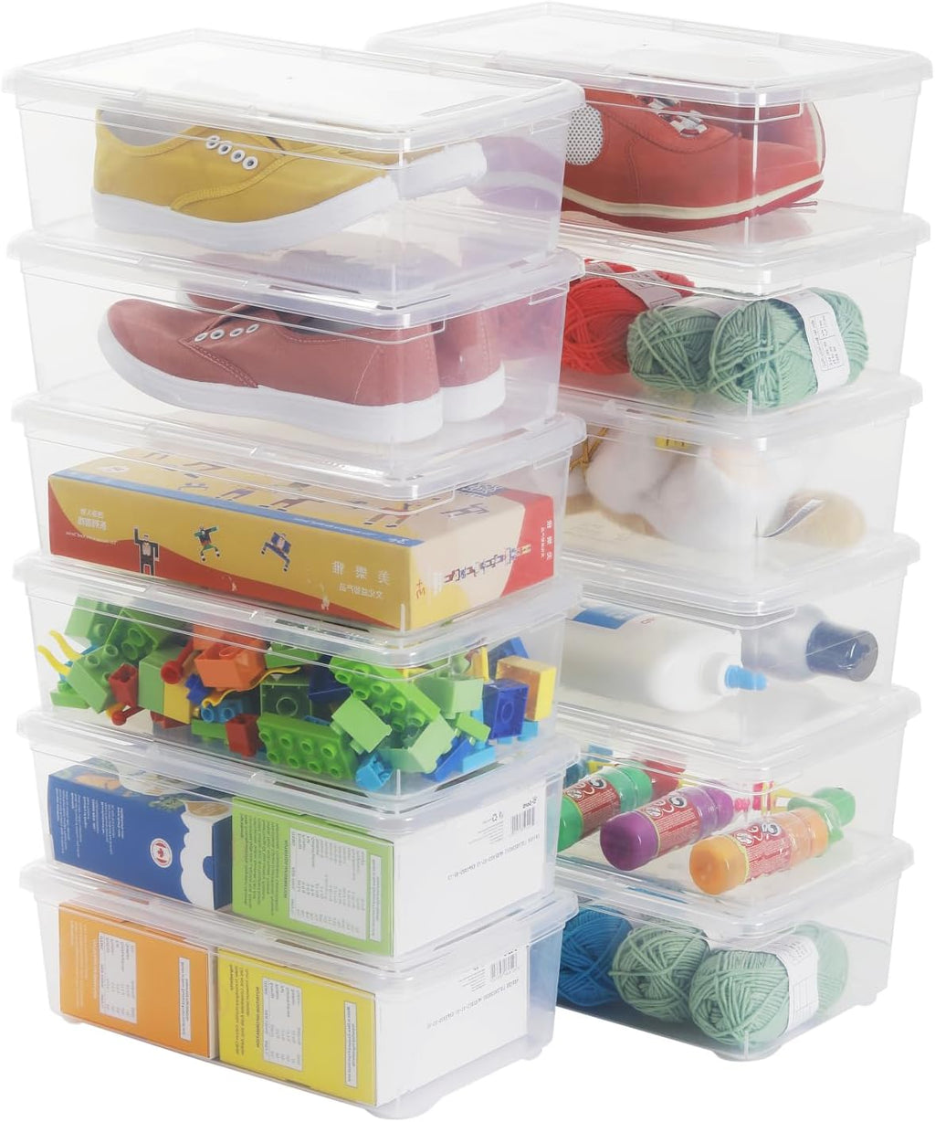 Stackable Plastic Storage Shoeboxes by [Brand Name] - BPA-Free Nestable Containers with Latching Lid | 6 Quart, Transparent, 12 Pack for Home & Office Organization