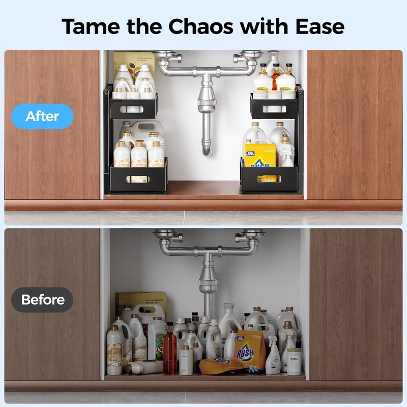 HAIREALM 2 Pack Under Sink Organizer, Adjustable Height Under Sink Organizers and Storage, Smooth & Silent Sliding Out Metal Drawer for Kitchen Bathroom Pantry Cabinet Closet (White)