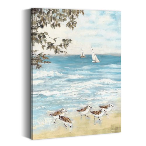 summer melody Beach Sandpiper Painting Wall Art: Coastal Sea Bird Canvas Abstract Ocean Artwork for Bedroom Seashore Seagull Picture Seaside Nature Prints Blue Seascape Art