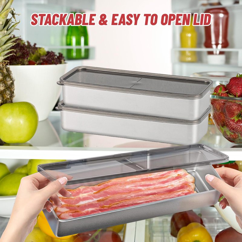 BigKing 2 Pack Bacon Keeper Container, Cheese Container for Fridge,Lunch Meat Container for Refrigerator, Stainless Steel Deli Containers,Fridge Organizers and Storage with Lids Stackable (4 Pack)