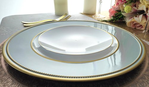 " OCCASIONS " 10 Pieces Round 13'' Round Acrylic Plastic Wedding Chargers, Dinner Party Decoration Charger Plates (Crown, Dusty Blue and Gold)