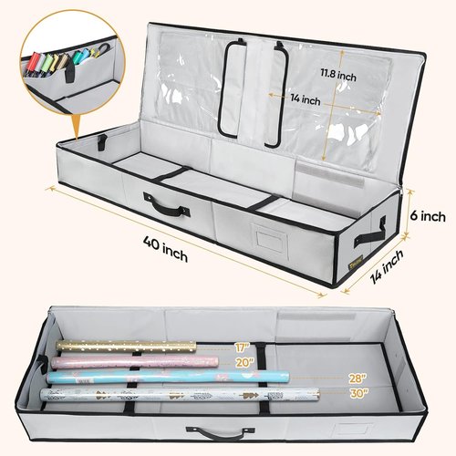 BALEINE Gift Wrap Storage Organizer - Durable 600D Oxford Fabric with Flexible Partitions | Gray, 40" (Pack of 2)