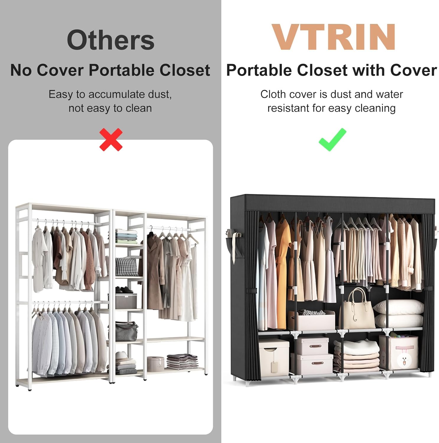 VTRIN Portable Closet - 67-Inch Wide Wardrobe with Cover, 4 Shelves & Hanging Rods - Sturdy Black Design