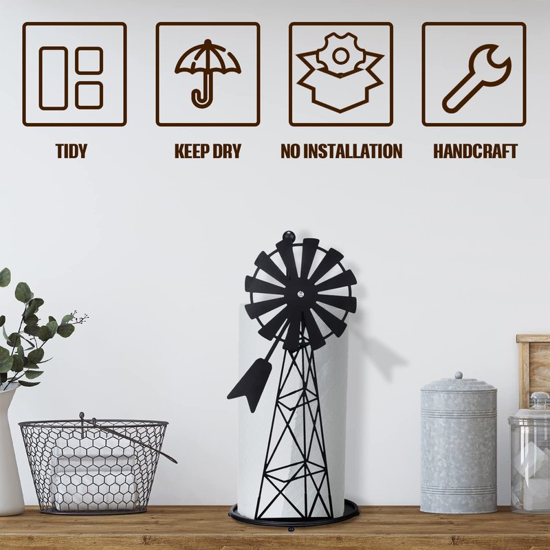 Vesici Windmill Paper Towel Holder Western Farmhouse Standing Paper Towel Roll Holder Black Countertop Metal Farm Decor Rustic Country Kitchen Rack for Kitchen Bathroom Home, 14.4 Inch