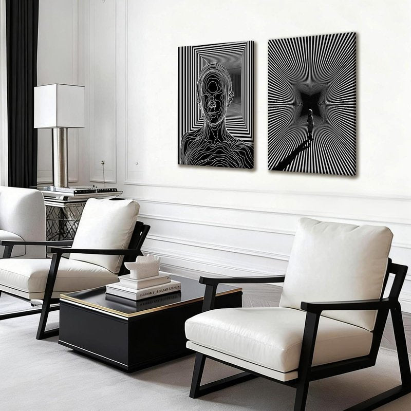 AUUAUU Black and White Minimalist Wall Art Set of 2-16x24 Inch Framed Abstract Poster Modern Optical Illusion Canvas Prints Geometric Lines Pictures Paintings for Living Room Bedroom Offic Decor