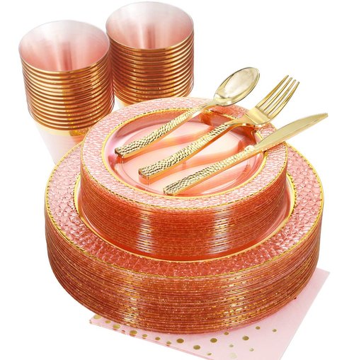 Nervure 175PCS Pink and Gold Plastic Plates - Pink Disposable Plates : 25 Dinner Plate,25 Dessert Plate, 25 Forks,25 Knives, 25 Spoons, 25 Cups,25 Napkins for Wedding & Party