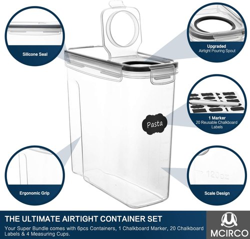 MCIRCO Cereal Container Set - Airtight Food Storage Dispensers with Measuring Tools | 4L (135.2oz) - Set of 6