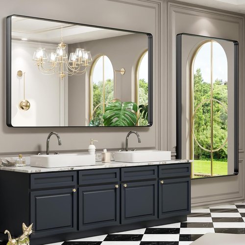 LOAAO Black Metal Framed Bathroom Mirror - Large 60x36 Inch Rounded Rectangle | Anti-Rust Tempered Glass, Versatile Hanging Options