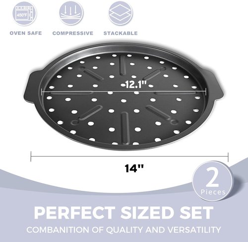HONGBAKE 12-Inch Nonstick Pizza Pan - 2 Pack with Holes & Widened Handles for Perfect Crusts | Grey