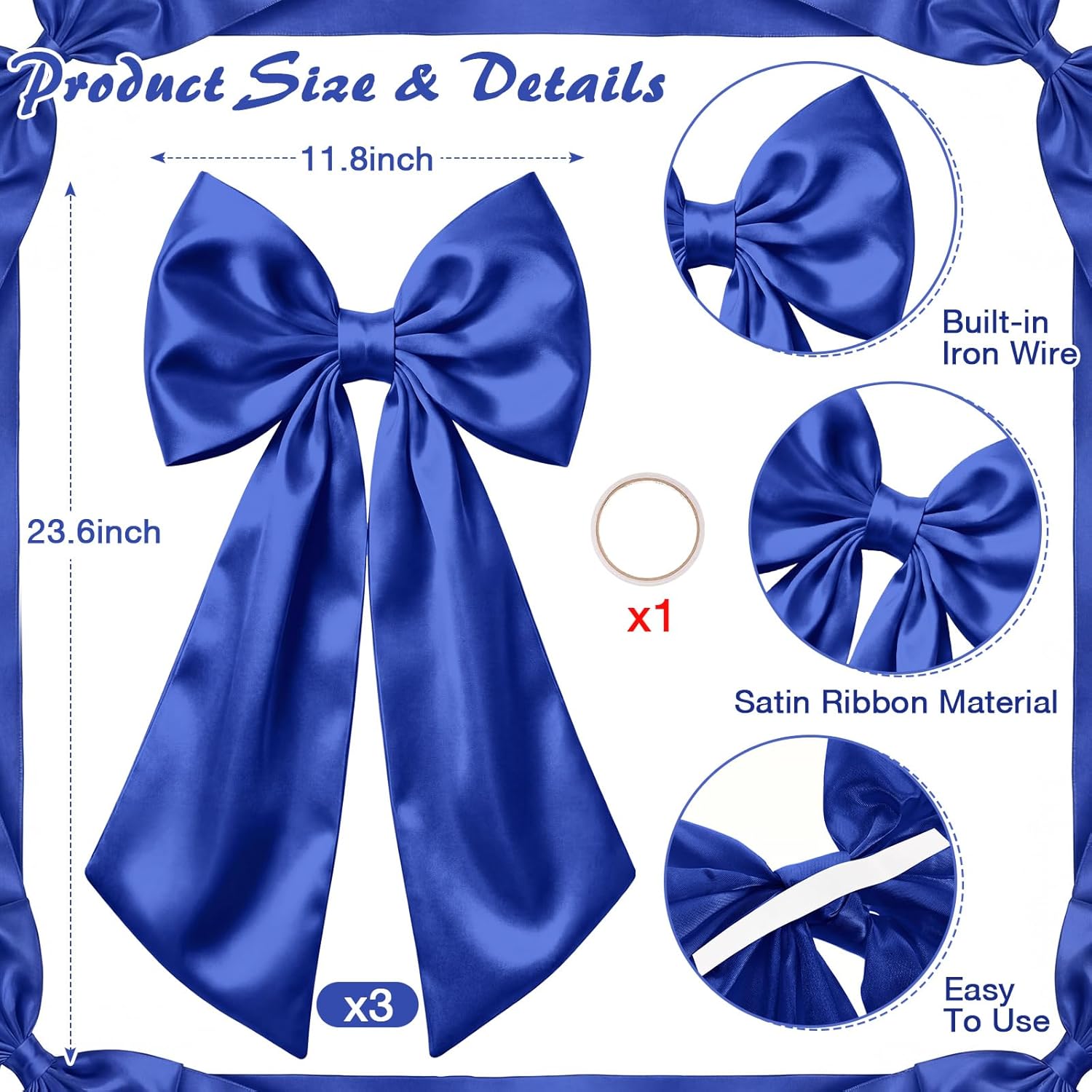 Suncalla Large Satin Royal Blue Bow Decorations - 3 Pcs | 2 FT Hanging Wall Decor for Weddings & Parties