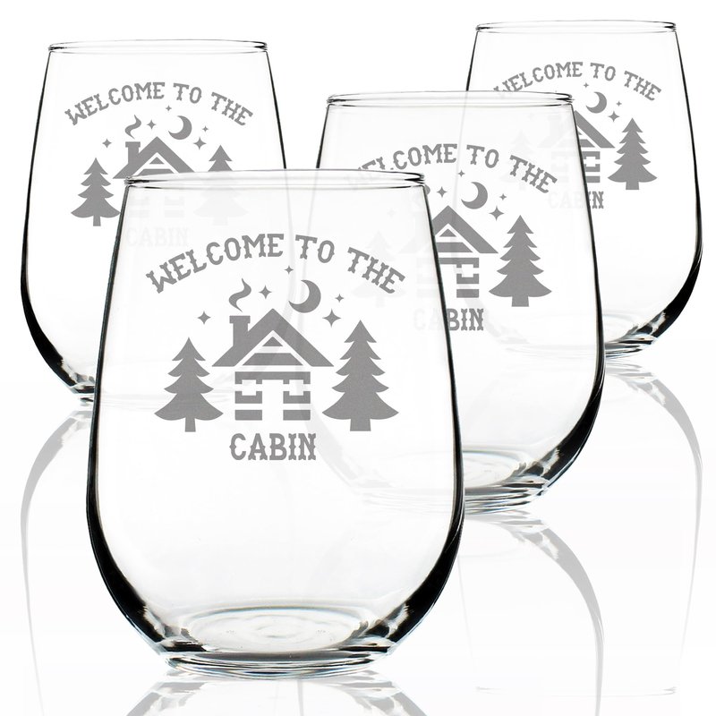 Bevvee Welcome To The Cabin - Stemless Wine Glasses - Set of 4 - Rustic Themed Gifts and Cabin Decor - Large 17 Ounce