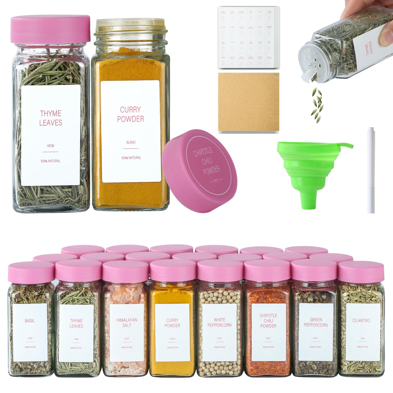 TESUNMU Pink Spice Jars with Label，4oz Seasoning Containers, Glass Spice Bottles with Shaker Lids,Funnel, Chalk Pen (Pink, 24)