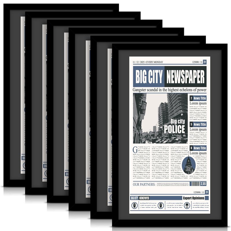DoubleFill 14x24 Newspaper Frame with Mat, Displays 11x22 Newspaper, Wall Hanging Picture Poster Frame for Media Article Document(Black Mat,6 Pcs)