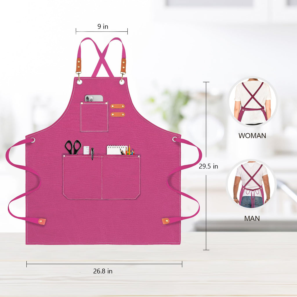 OUNLEN Chef Apron for Men Women Canvas Aprons with 3 Pockets Cross Back Resistant Work Apron for Cooking Grilling Baking BBQ Barber Kitchen (Pink)