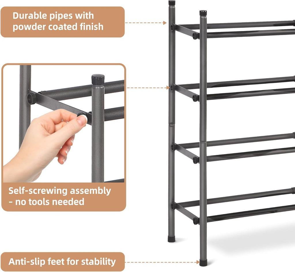 STORAGE MANIAC Expandable Shoe Rack - 16 Pairs Stackable Organizer for Closet & Entryway - Black 4 Tier