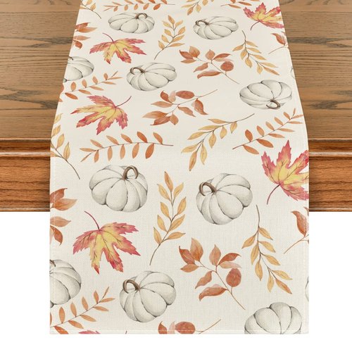 Artoid Mode Orange Pumpkins Fall Maple Leaves Fall Table Runner, Seasonal Autumn Kitchen Dining Table Decoration for Home Party Decor 13x120 Inch