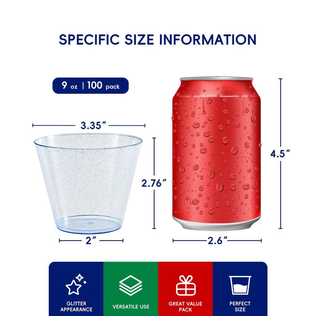 JOLLY CHEF 100 Pack 9 oz Blue Plastic Cups, Disposable Cups Tumblers, Elegant Blue Glitter Party Glasses for Wedding, Thanksgiving Day, Christmas Halloween