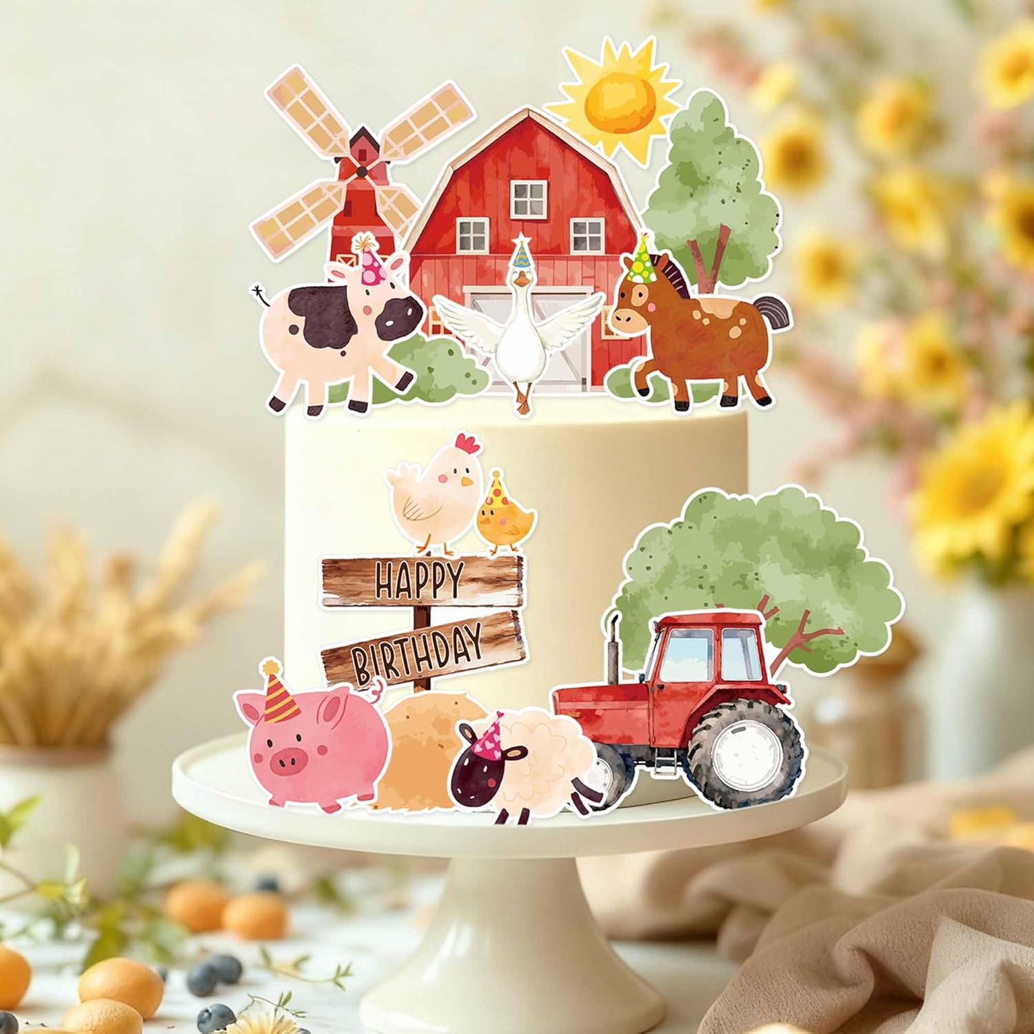 Skiennix 16PCS Farm Animal Birthday Cake Decorations - Fun Party Toppers with Barn, Tractor & Animals