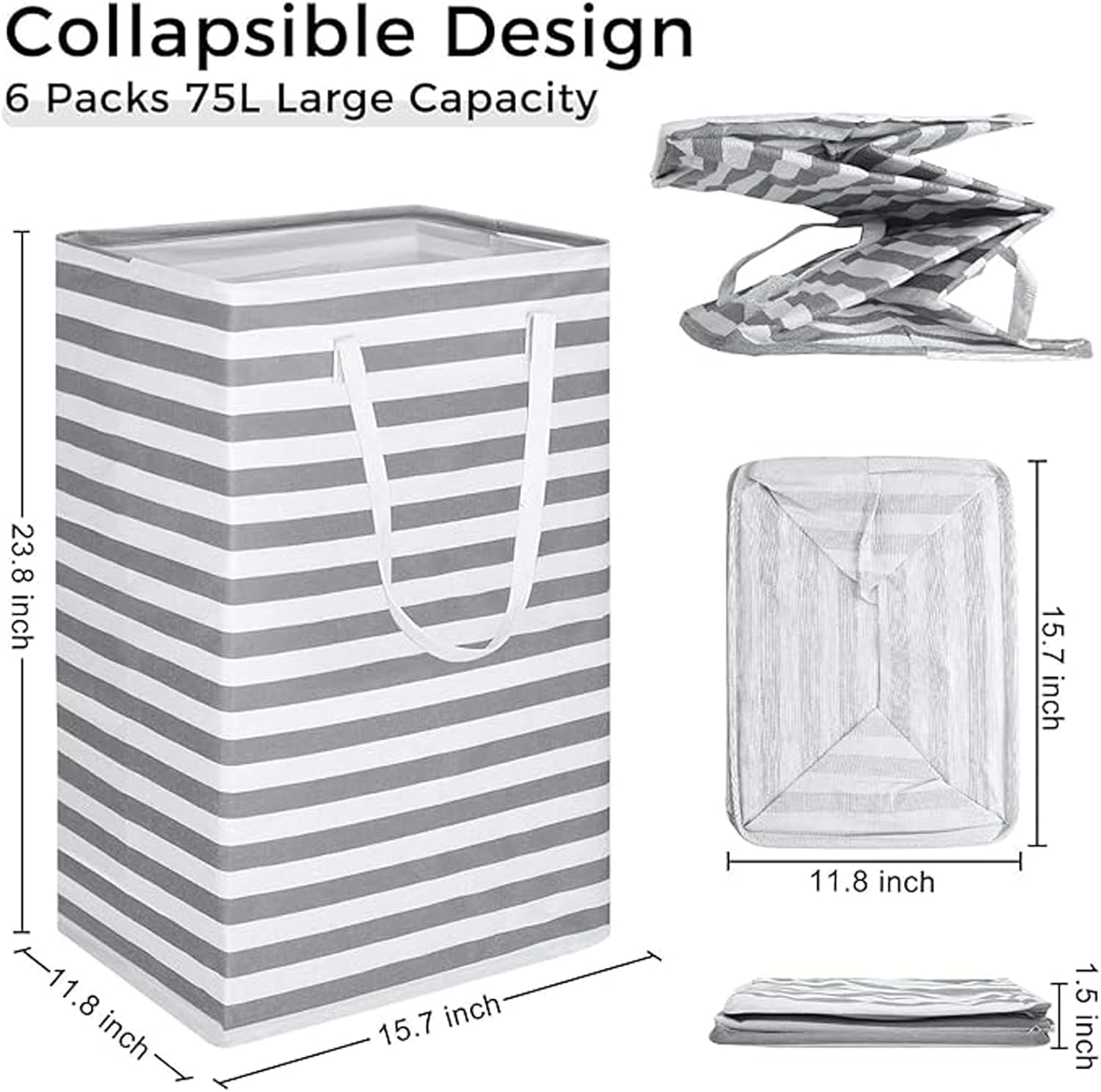 Skiennix Large Collapsible Laundry Hamper - Waterproof Freestanding Basket with Easy Carry Handles | 75L Gray