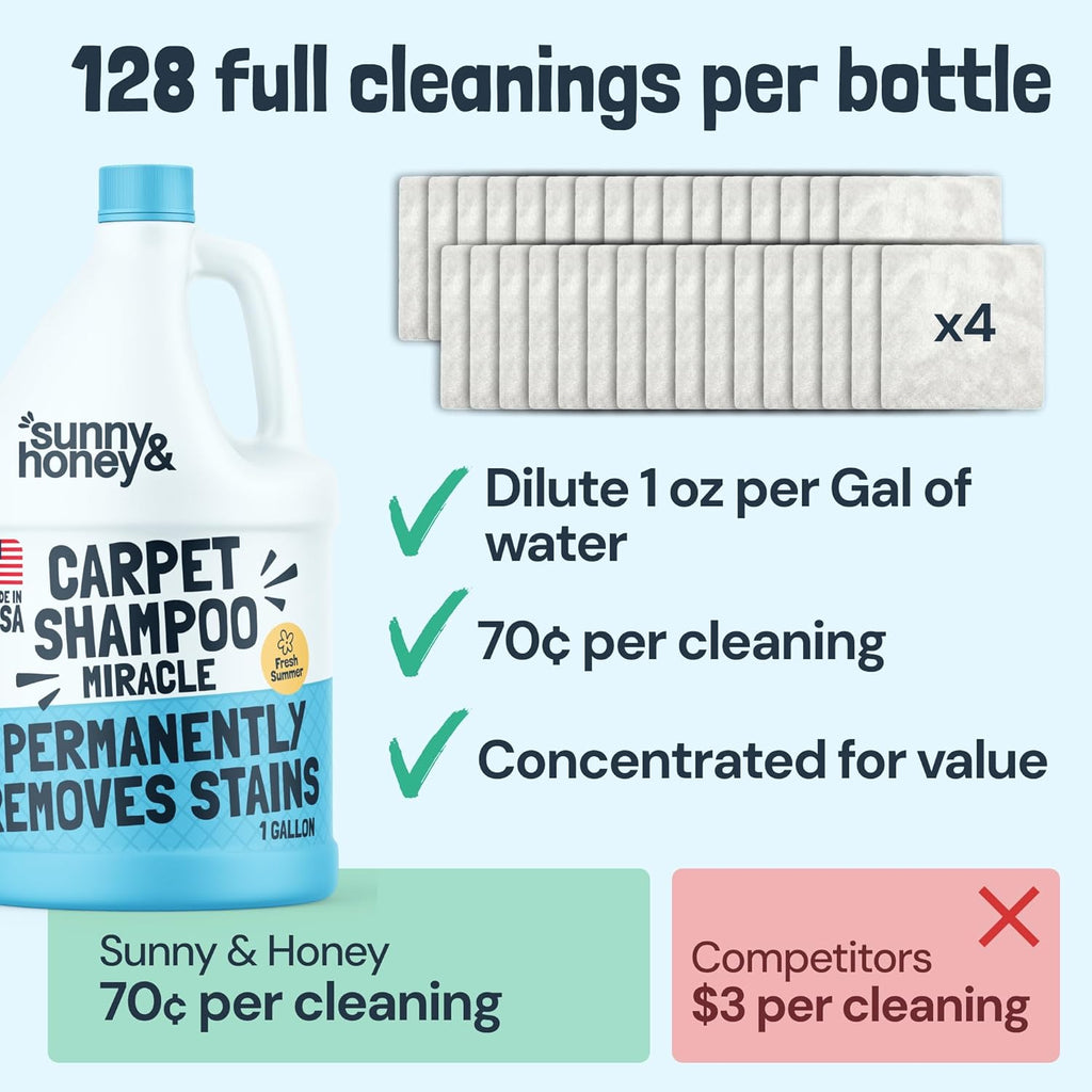 Sunny & Honey Carpet Cleaner Solution - Deep Stain Remover & Deodorizer for Pet Rugs | 128 fl oz, Fresh Summer Scent