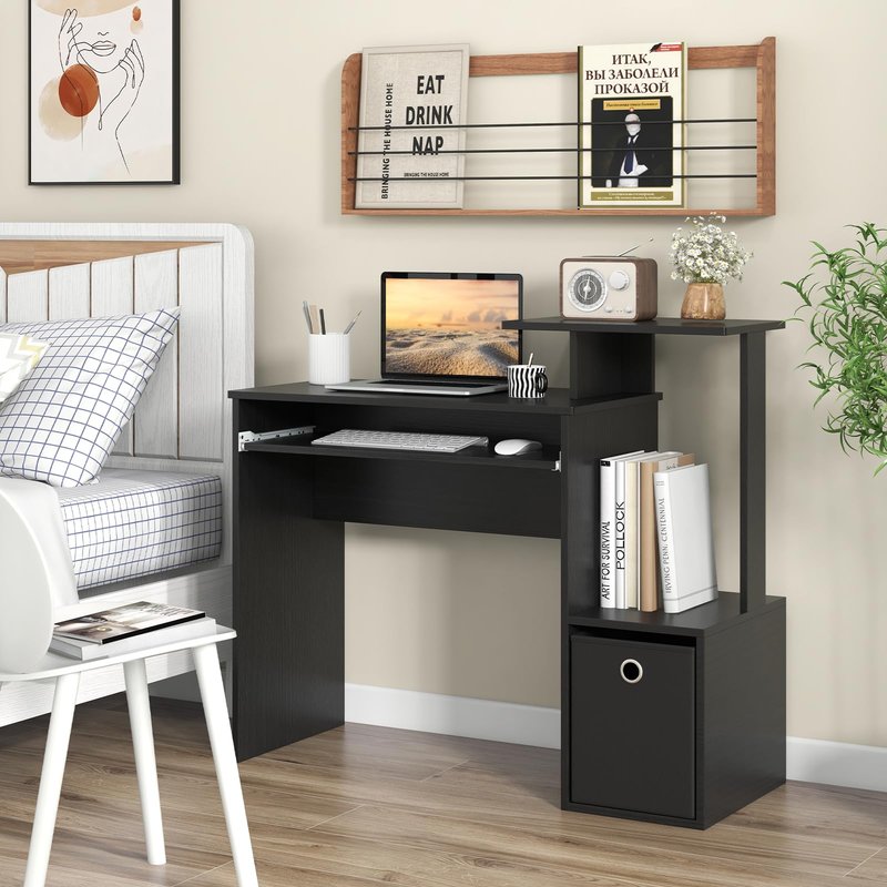Tangkula Computer Desk with Fabric Drawer & Keyboard Tray, Space-Saving Study Writing Desk with Open Storage Shelves & Printer Stand, Modern Home Office Computer Workstation for Small Spaces (Black)