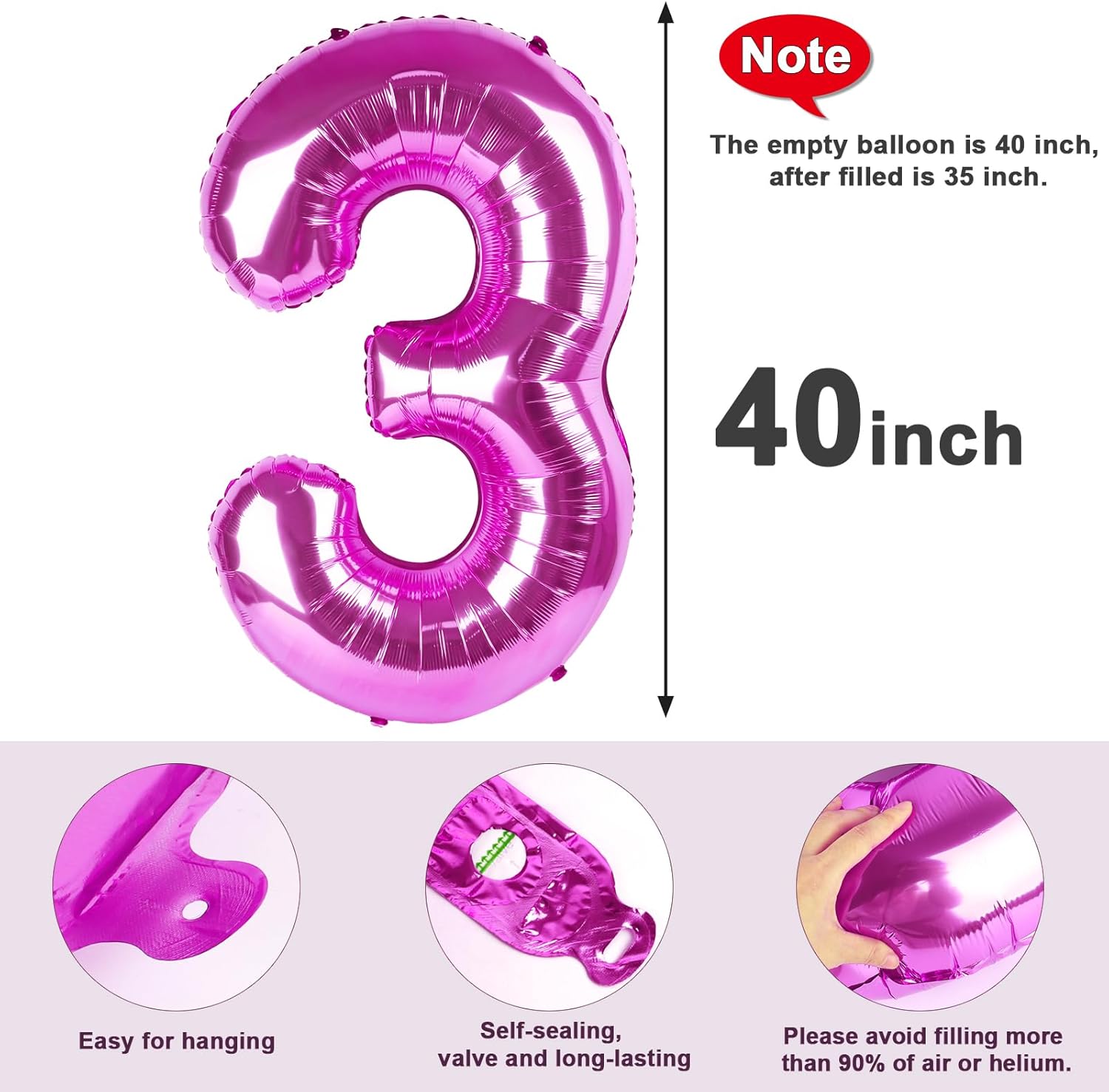 Numbers Balloon - 40 Inch Large Rose Purple Balloon for 3rd Birthday Decor | Perfect for Parties
