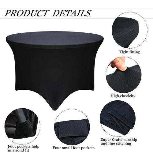 4 Pack Black 48-Inch Diameter x 30-Inch High Round Spandex Tablecloth for 4FT Round Tables|Fitted Stretch Tablecloth with Foot Bag for Party, Wedding, Birthday, Banquet, Vendor Stand