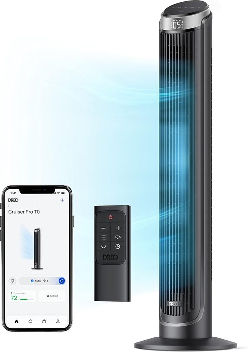 DREO Smart Tower Fan - 90° Oscillating 40" Standing Fan with 5 Speeds & Quiet Operation | Voice Control & Timer, Silver