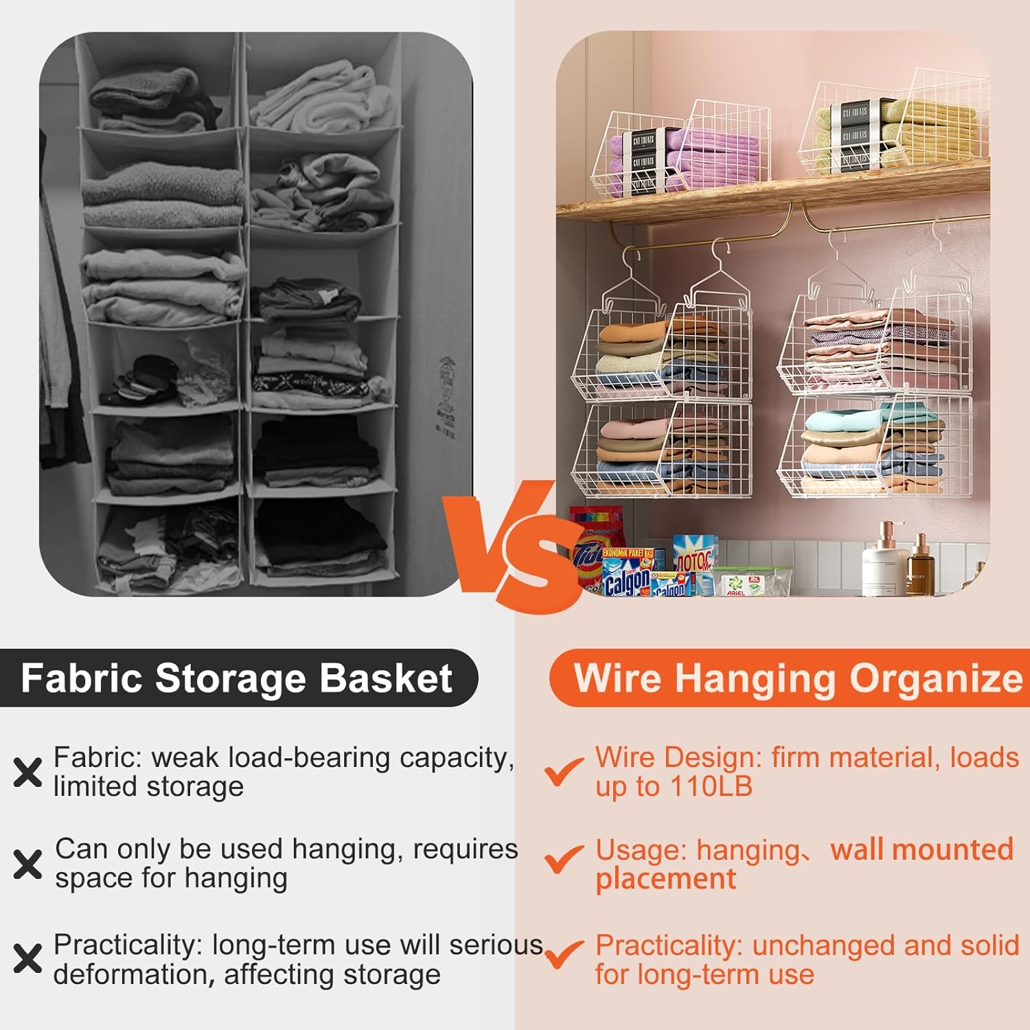 X-cosrack 6-Tier Closet Hanging Organizer - Versatile Clothes Shelves with Hooks & Baskets for Shoes, Handbags, Accessories