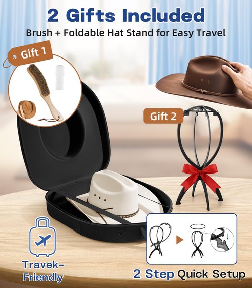 Hat Box for Cowboy Travel Extra Large, Waterproof Hard Hat Travel Case Storage Can for Fedora Panama Tweed Cap Hat Holder Organizer Carrier with Adjustable Carry Strap, Mens Western Gift, Large Black