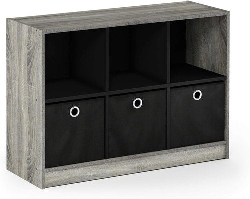 Furinno Basic 3x2 Cube Storage Bookcase - Stylish Organizer with Bins in French Oak Grey/Black