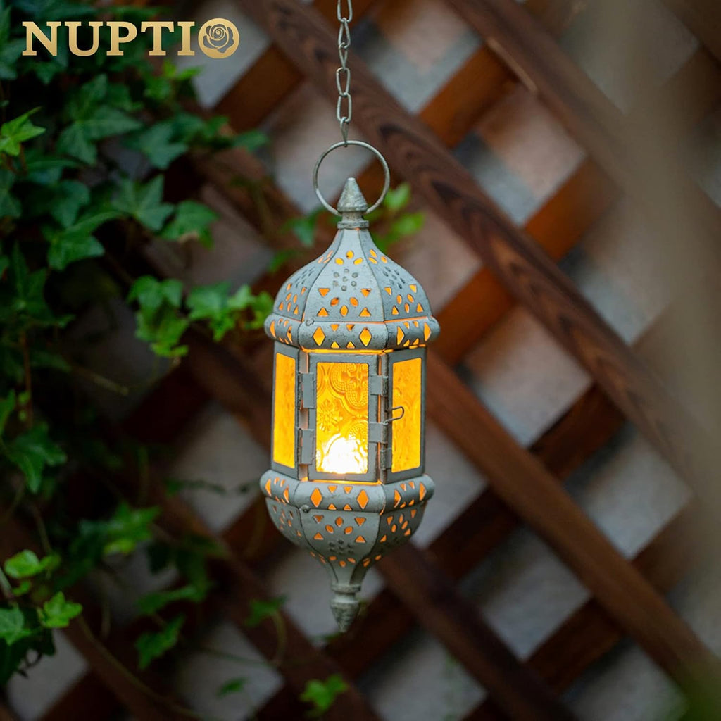 Skiennix Moroccan Lantern | Metalwork Hanging Tealight Candle Holder | Battery Operated LED | 35cm Chain, White