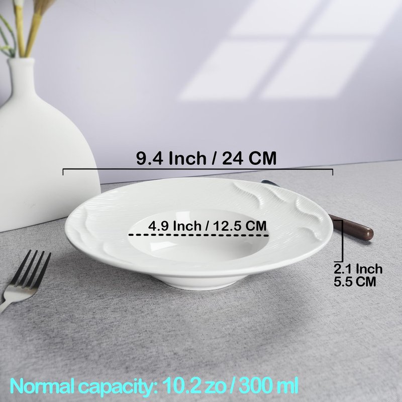 dingdaer Ceramics Rimmed Soup bowls Set of 4, Embossed Wide Rim Small Mouth Pasta Plates 10.2 OZ/300 ml, Microwave Dishwasher Safe, for high end restaurants and best choice for gourmets, 9.45 Inch