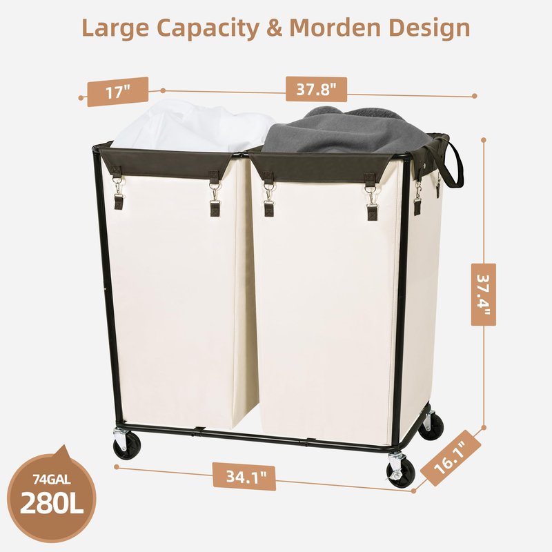 STORAGE MANIAC Commercial Laundry Hamper with Heavy Duty Steel Frame, 74 Gal. Industrial Laundry Basket Cart with Wheels for Hotel, Home, Laundry Room, Big Large Clothes Sorter, 2 Section Beige/Black