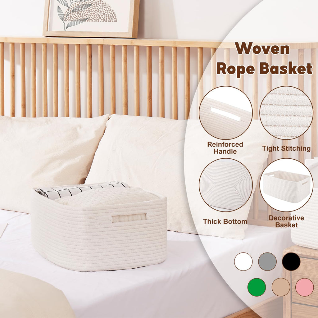 OIAHOMY Storage Basket for Shelves, Closet Cube Storage Bins Baskets for Clothes Blanket Towels, Baby Nursery, Toy Baskets Box, Woven Rope Basket, 15.75*11.81*7.09 IN, 2 Packs White