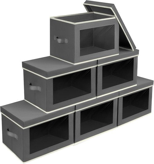 Homsorout Stackable Storage Bins - Large Foldable Closet Organizers with Lids, 6-Pack in Dark Grey