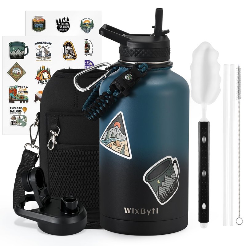 WixByti 64 oz Insulated Water Bottle with Straw (Cold for 48 Hrs), Half Gallon Stainless Steel Triple Wall Vacuum Sports Water Jug, Leakproof Hydro Cup Flask with Straw Spout Lids & DIY Stickers