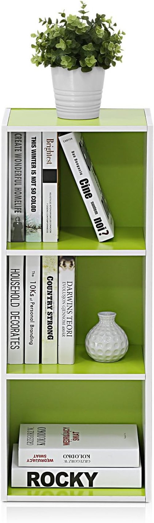 Furinno LUDER Bookshelf - 3-Cube Bookcase with Open Shelves | Easy Assembly, White/Green Finish
