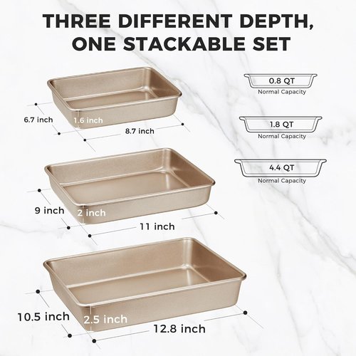 HONGBAKE Nonstick Deep Baking Pans Set - 3 Rectangular Oven Trays for Brownies & Lasagna | 13/11/9 Inch