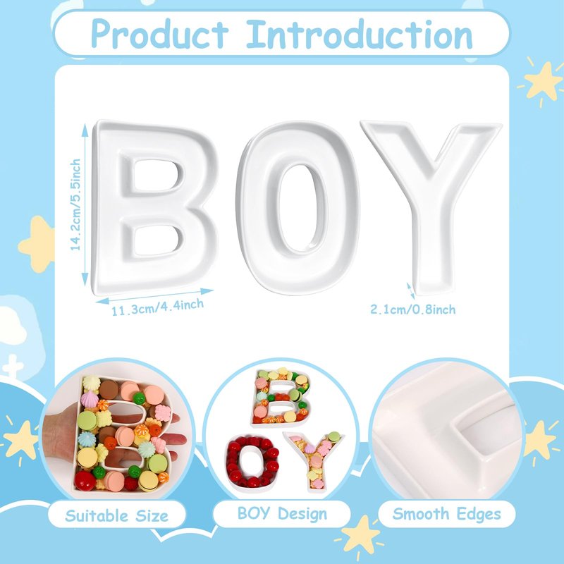 BOY Charcuterie Letters Fillable Ceramic BOY Letter Tray Empty Food Candy Nuts Dish White BOY Letter Set for Baby Shower Gender Reveal Decorations