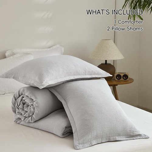 PHF Cotton Muslin Comforter Set King Size, Breathable Lightweight Super Soft Bedding Sets for All Season,3 Pieces, 1 Comfy Comforter (104"x90"),2 Pillow Shams(20"x36"), Light Grey