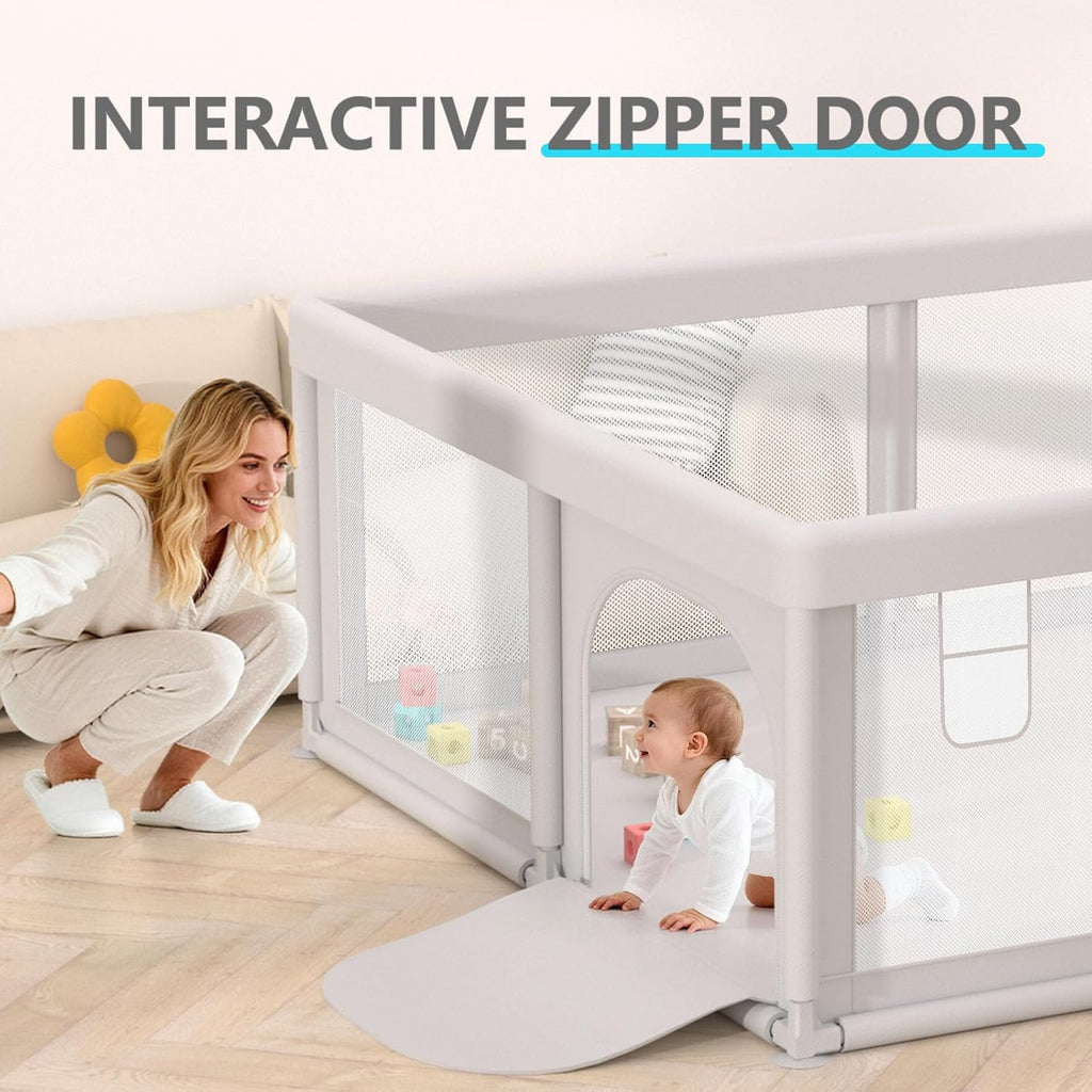 Skiennix Baby Playpen - Breathable Mesh Play Yard for Indoor & Outdoor Use - Grey Color