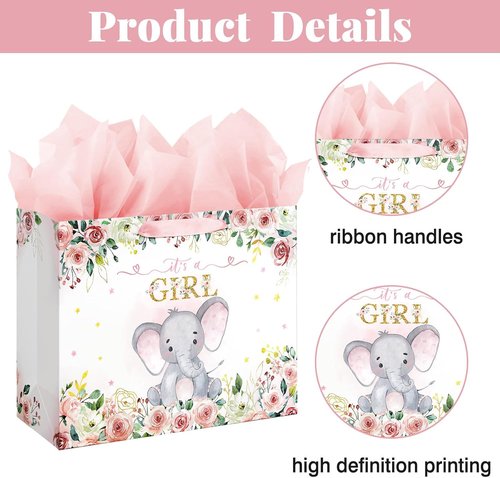 Laidans 13" Large Pink Floral Elephant Baby Shower Gift Bag - Includes Tissue Paper & Card