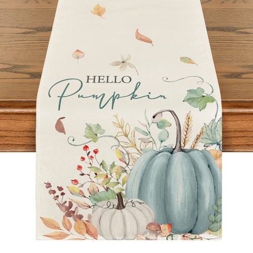Artoid Mode Aqua Hello Pumpkin Leaves Fall Table Runner, Seasonal Autumn Kitchen Dining Table Decoration for Home Party Decor 13x120 Inch