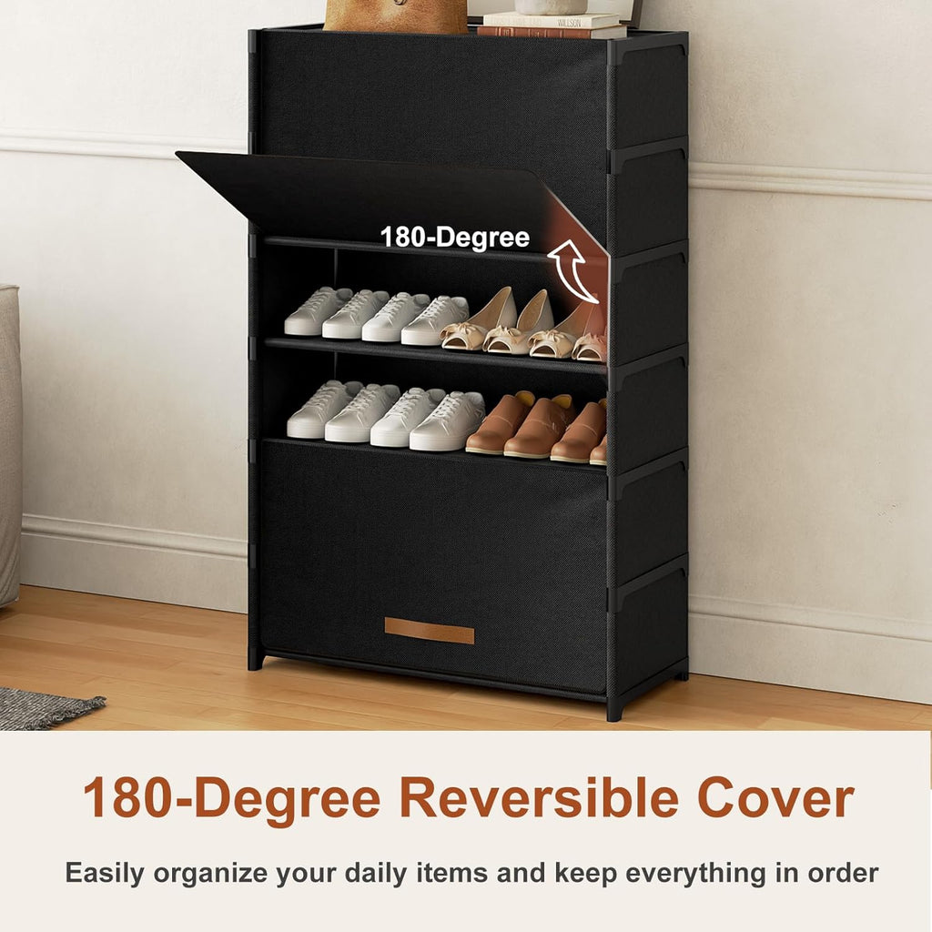 Skiennix 7-Tier Shoe Rack - Stylish Storage Cabinet for 28 Pairs | Black Plastic Organizer for Closet & Entryway
