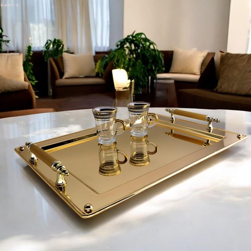 Maro Megastore (Pack of 2) 17.4 inch x 13 inch Rectangular Iron Gold Plated Serving Tray with Handles Simple Stylish Decorative Birthday Wedding Buffet Wine Decor Platter Plate Base Dish FST-001
