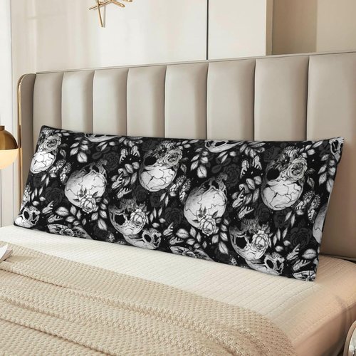 Black White Flower Sugar Skull Body Pillow Cover Pillowcase for Adults Women Men Long Body Pillow Case Cover with Zipper One Size